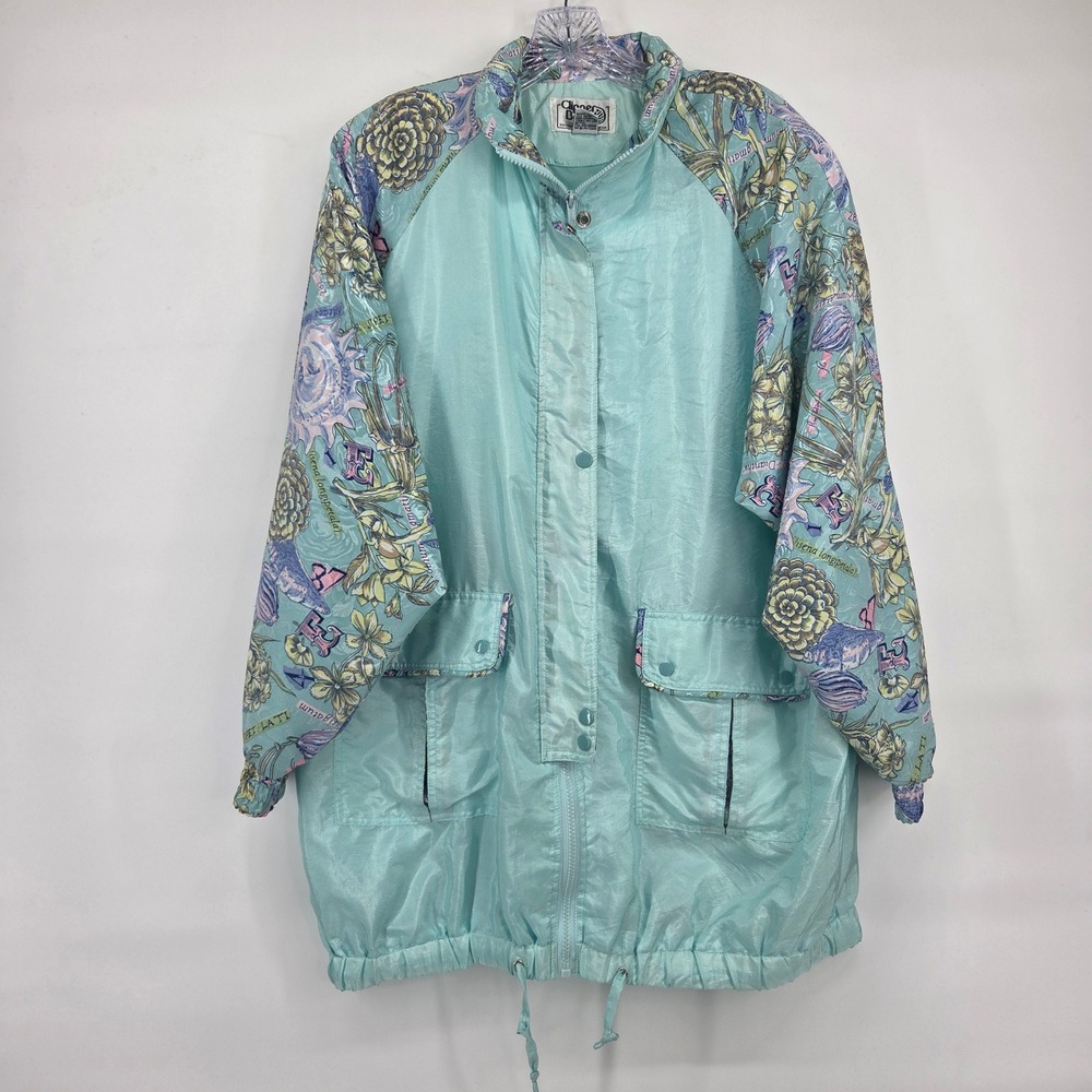 Clipper Bay Windbreaker Jacket L Aqua Blue Floral Pastel Vintage 90s Eclectic